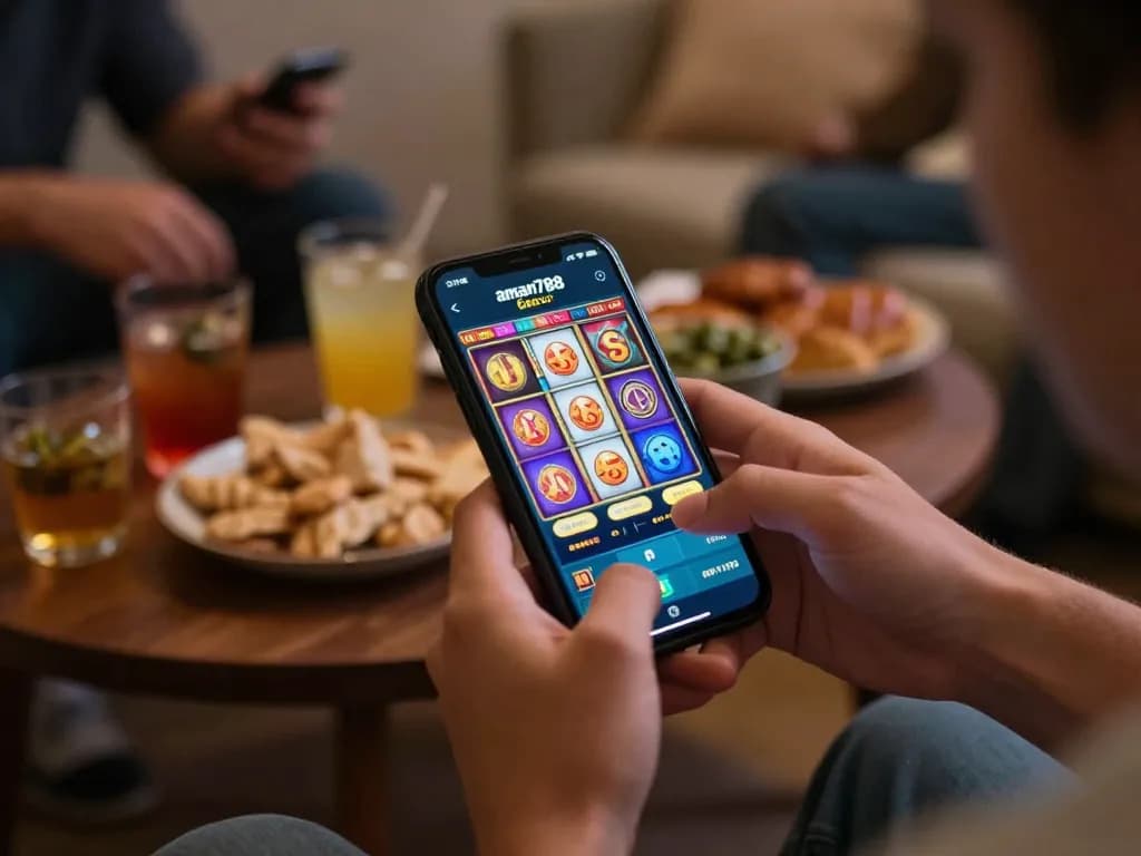 Engaged player enjoying aman788 slot gacor mobile game at home, showcasing vibrant graphics and spinning reels.