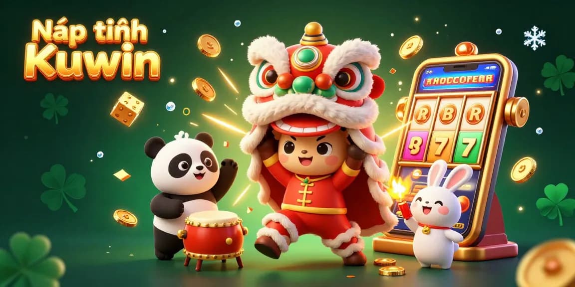 Nạp tiền Kuwin efficiently with vibrant casino elements including slot machines and lucky symbols.