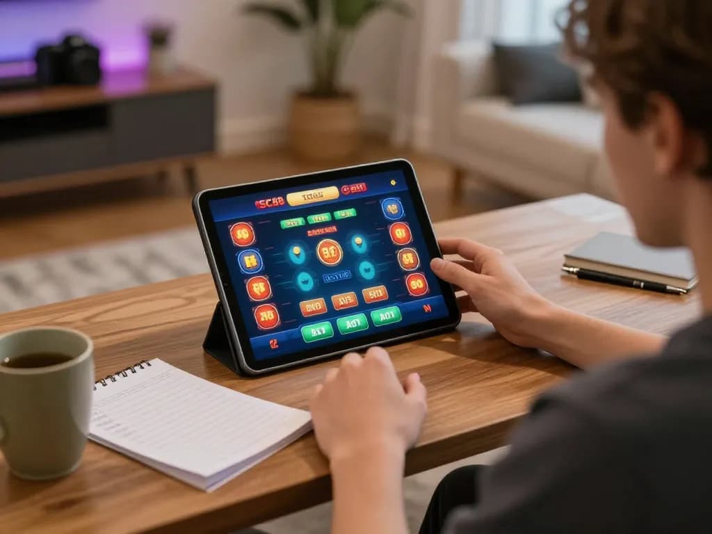 Engaging user playing SC88 casino game on tablet, capturing thrilling online gambling experience