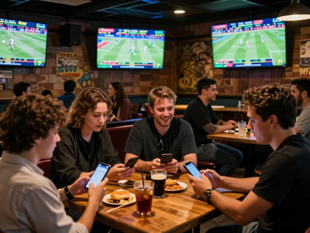 KJC sports betting excitement with patrons analyzing live game stats and discussing bets.