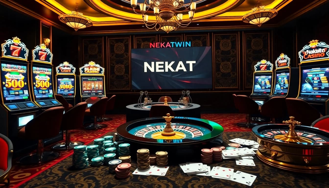 Engaging scene of online gambling with vibrant slot machines and digital interface, highlighting daftar nekatwin.