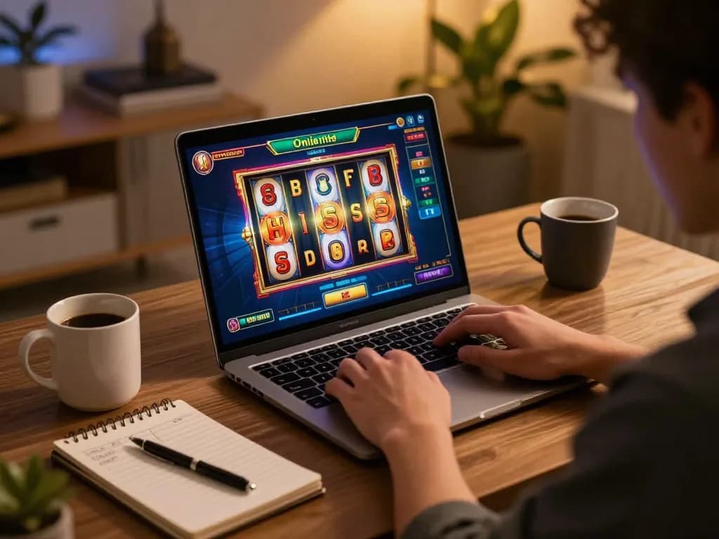 Engaged player enjoys okwin online casino gaming experience with spinning slots on laptop