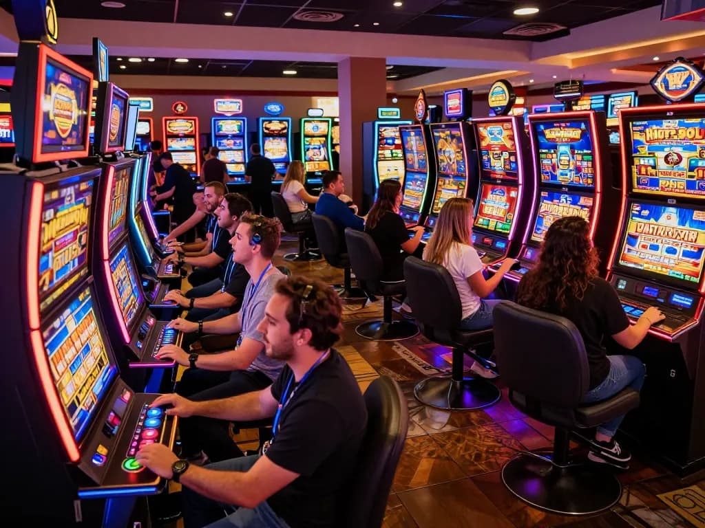 Players enjoying bem88 slot machines, vibrant colors and engaging gameplay illuminate the casino atmosphere.