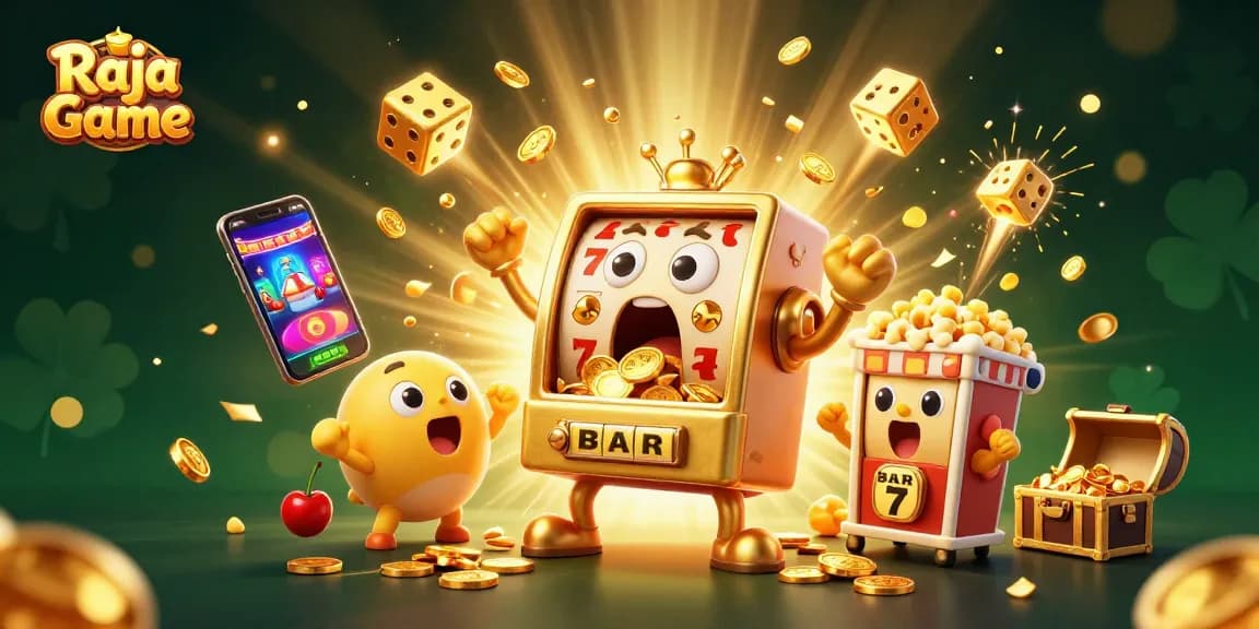 Experience the excitement of Raja Game with a 3D visual of a golden slot machine hitting a jackpot and overflowing with coins.