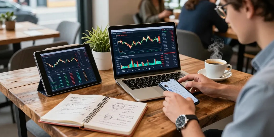 Cricbet cryptocurrency trading scene in a coffee shop with live Bitcoin charts, DeFi insights, and digital wallet on display.
