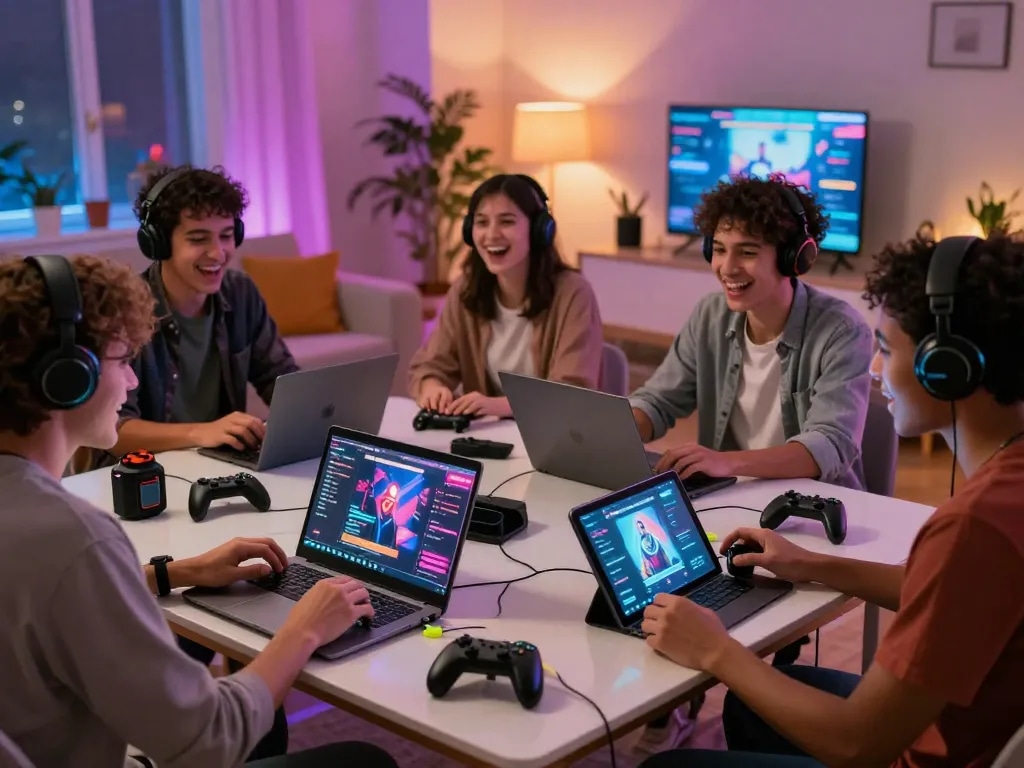 Gamers enjoying html porn games in a lively living room setting