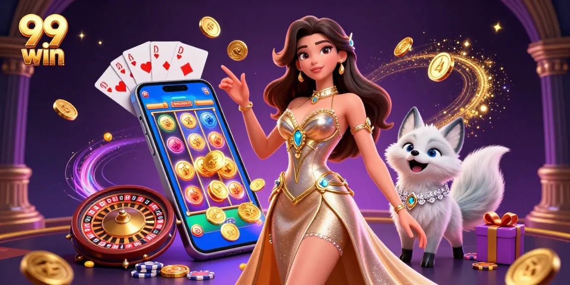Engage with 99 win by spinning colorful slot game reels and winning big in a vibrant casino scene.