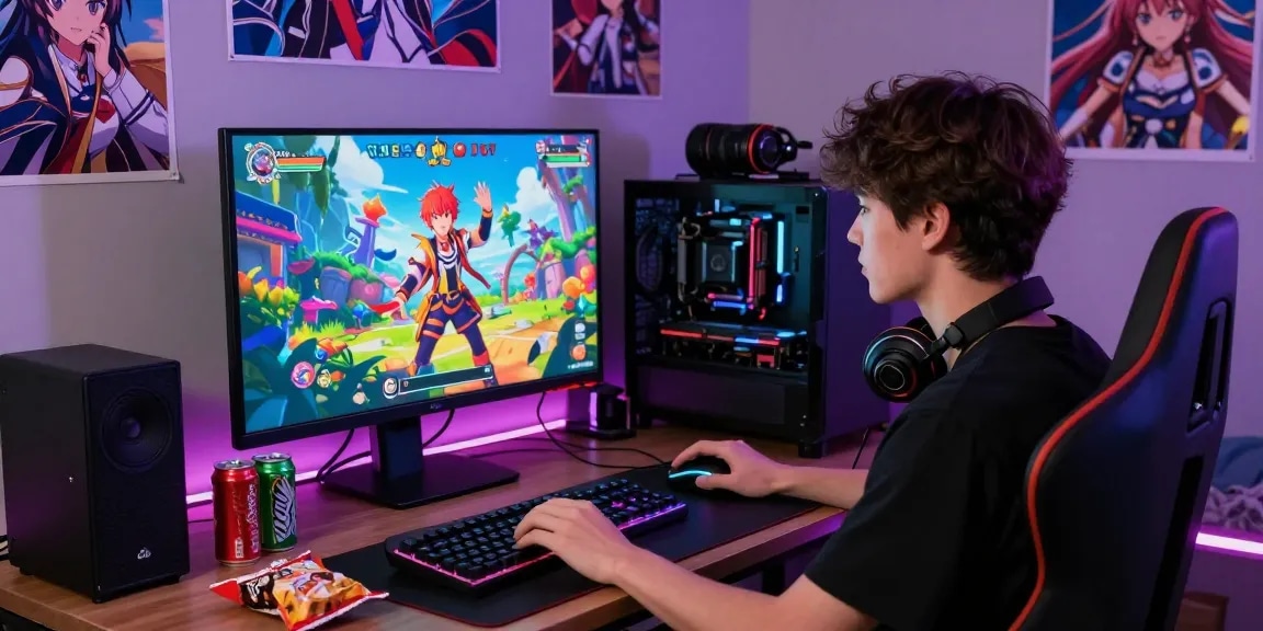 Gamer enjoying an ecchi game in a vibrant gaming setup with anime decor