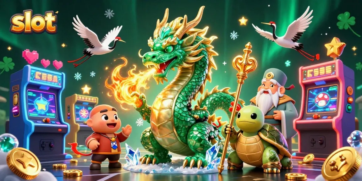 Spin vibrant slots with a jade dragon and turtle sage in this enchanting illustration.
