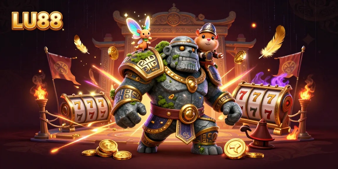 LU88 showcases vibrant slot gaming excitement featuring a golem, fairy, and hamster knight.