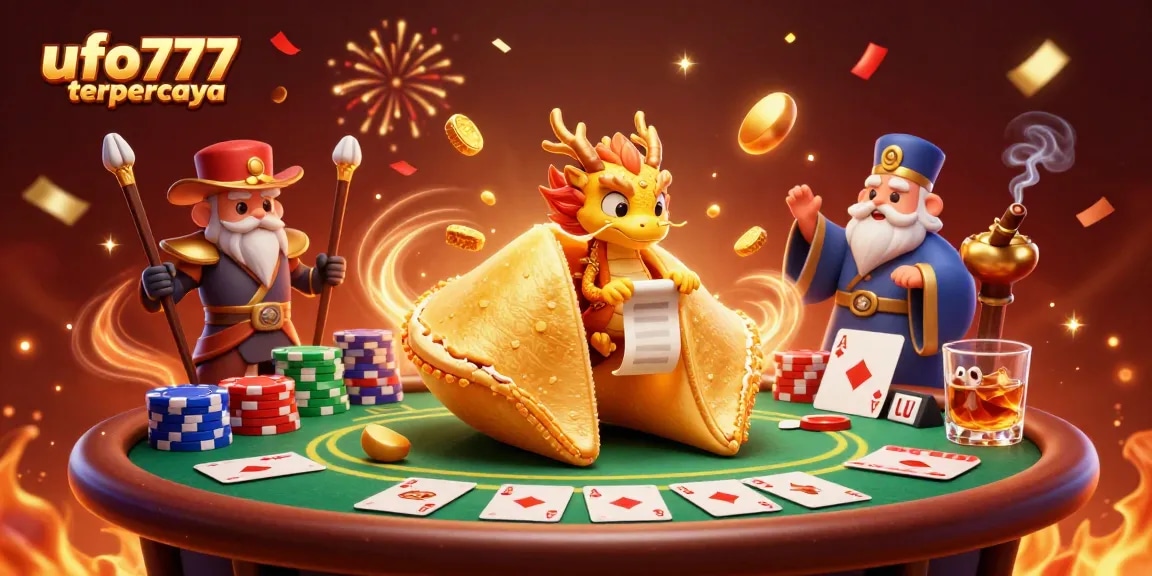 Experience ufo777 terpercaya with dynamic visuals of a golden fortune cookie and poker elements