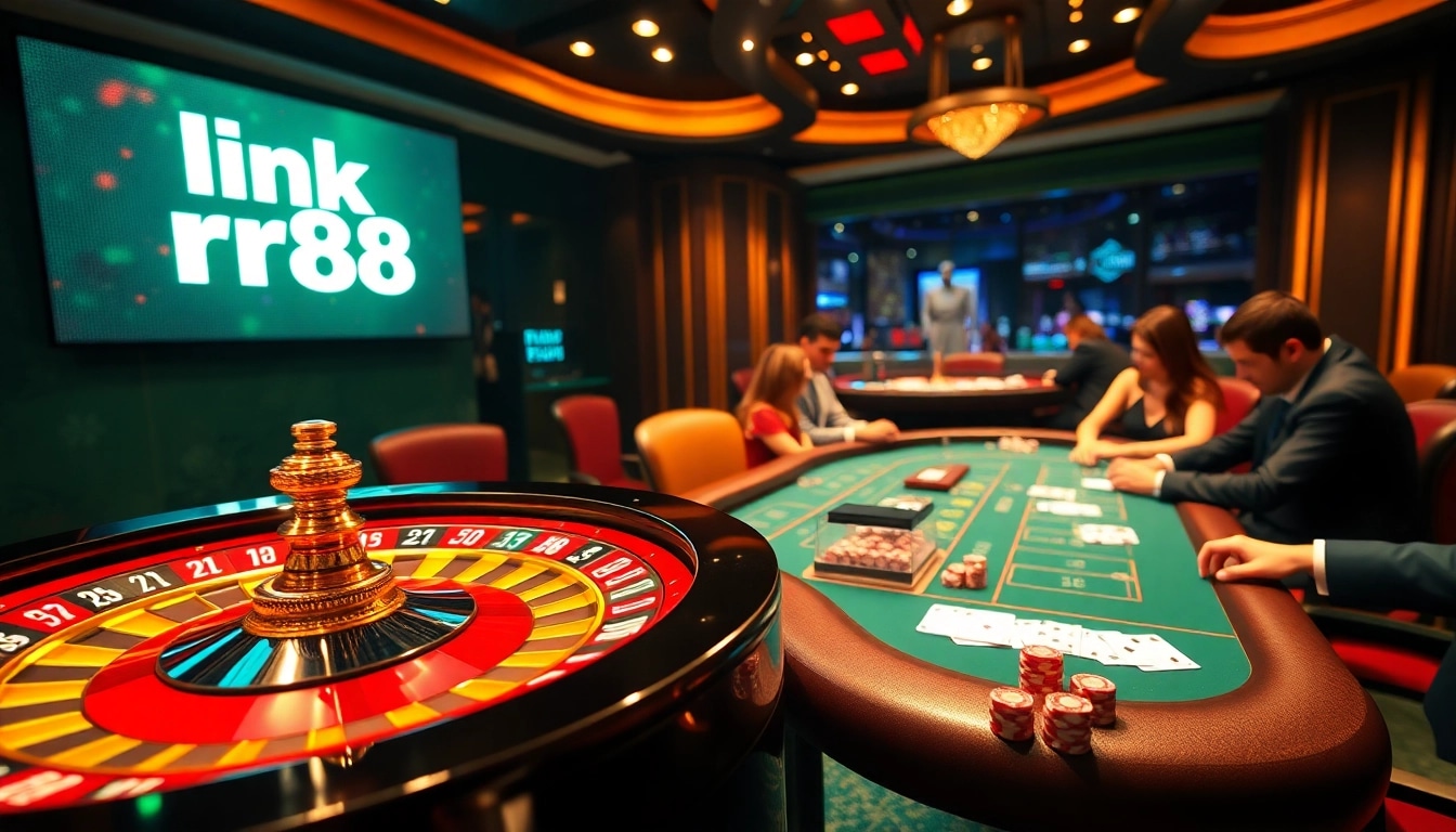 Discover players enjoying excitement at the casino with link rr88 prominently featured in a luxurious setting.