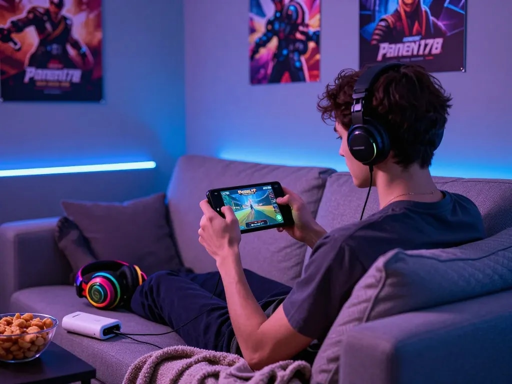 Player immersed in the Panen178 online game on mobile, cozy gaming setup with snacks and LED lights.