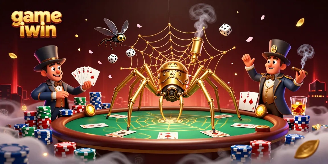 Engage with a vibrant scene of game iwin, featuring a steampunk spider and poker elements.