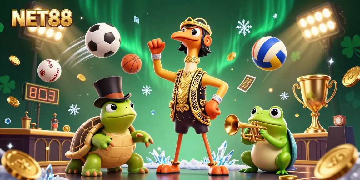 Experience vibrant NET88 online gaming with a richly detailed casino scene featuring unique characters and action.