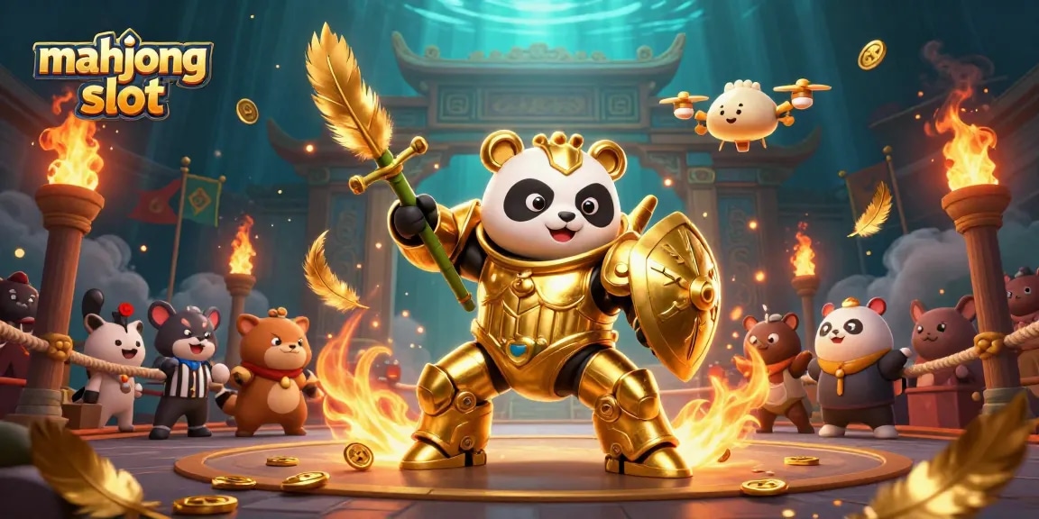 Engage with mahjong slot excitement featuring a mech-suit panda in a dynamic casino arena.