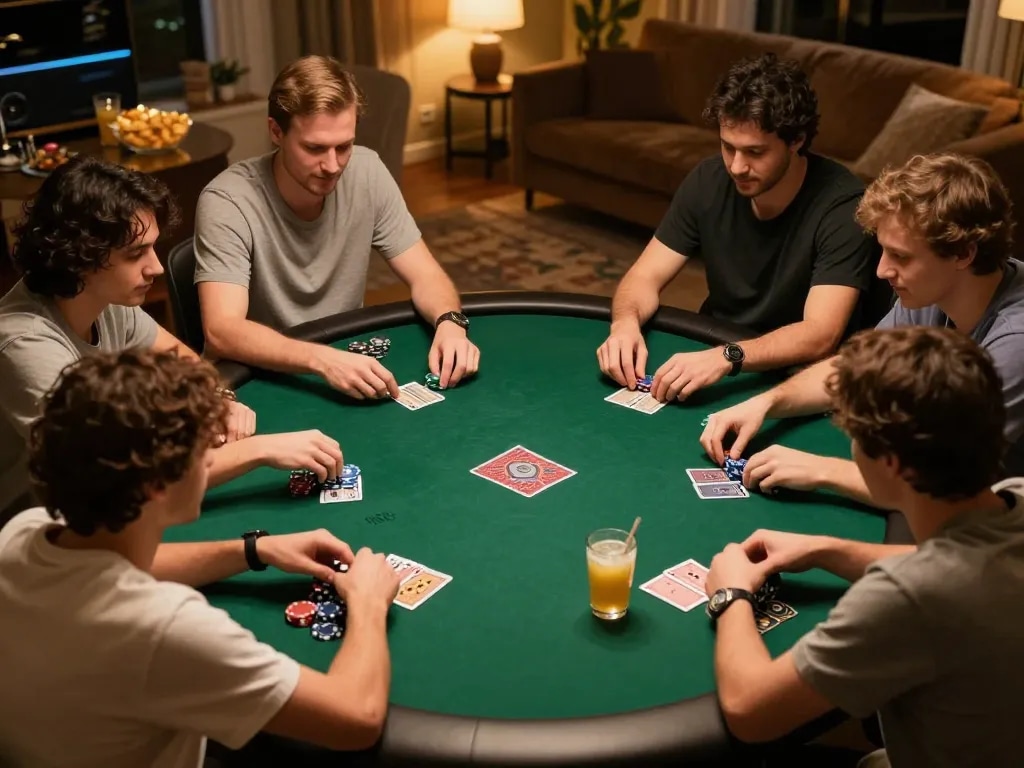 Engaging home poker night with players centered around strategy at kp88 com table.