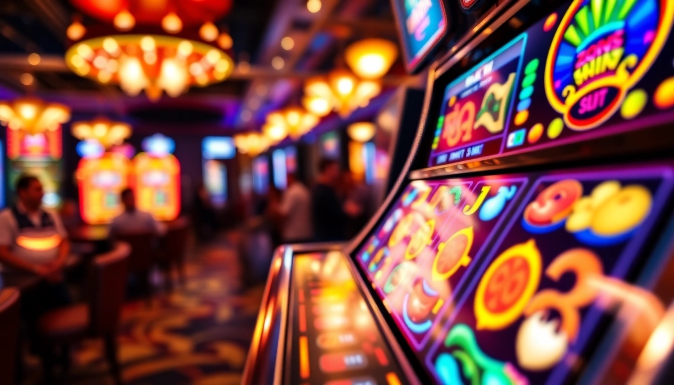 Slot Game dengan mesin slot berwarna-warni dan simbol cerah di lingkungan kasino yang energik.