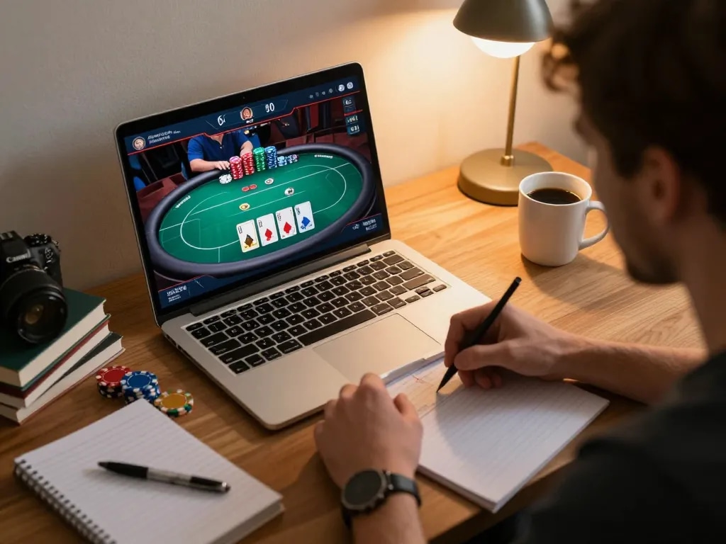 Các người chơi tham gia trò chơi poker trực tuyến chiến lược tại Rikvip với bầu không khí tập trung và không gian ấm cúng.