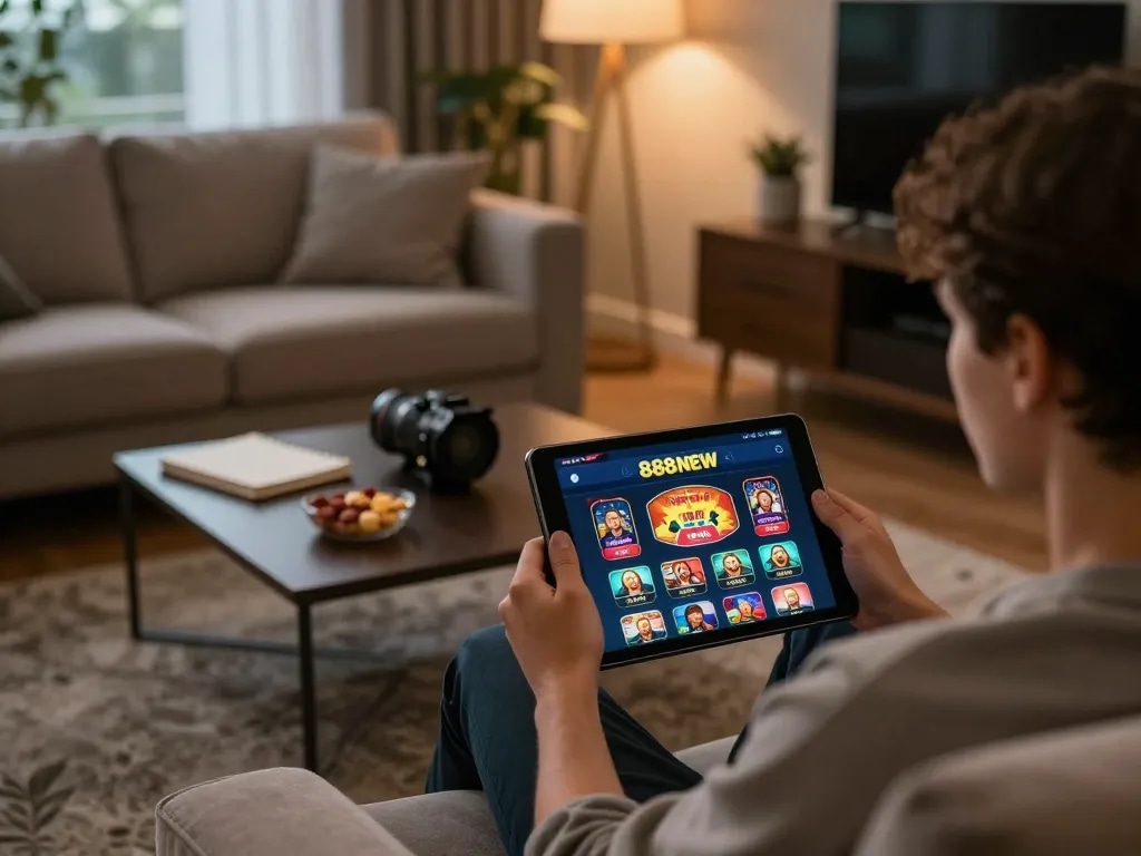 Player engaging with 888NEW casino app on tablet in a cozy home setting, surrounded by strategic notes and snacks.