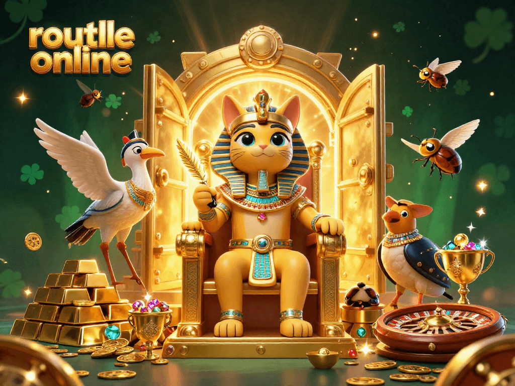 Experience thrilling roulette online with a captivating 3D illustration of a pharaoh cat amidst treasures.