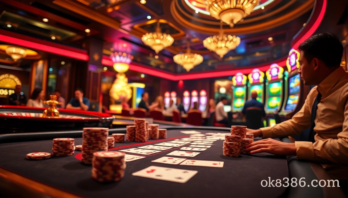 A high-stakes poker game at ok8386.com featuring luxurious casino tables and vibrant slot machines.