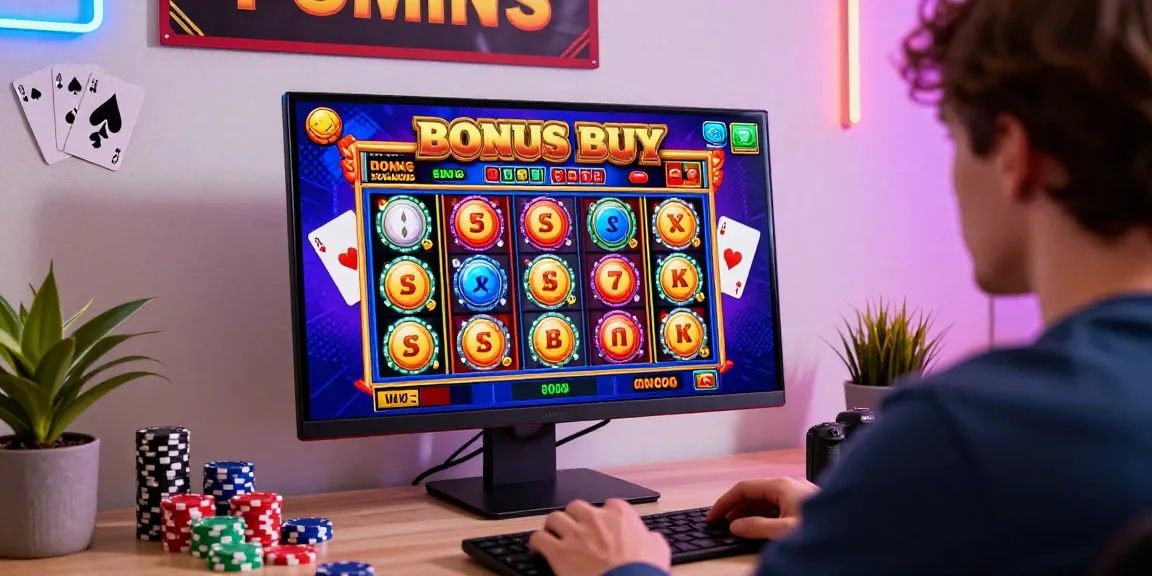 Player at computer engaging with bonus buy slots at https://crownnorthill.co.uk in vibrant casino atmosphere with colorful graphics.