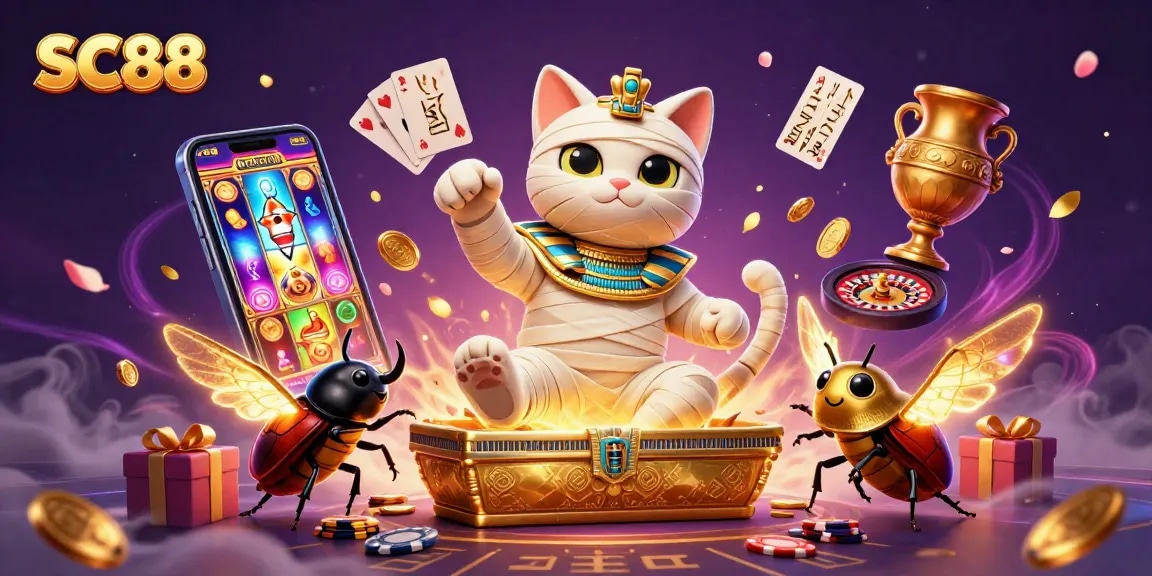 SC88 reflects a 3D cartoon Egyptian mummy cat amidst dynamic casino elements, embracing thrilling gaming.