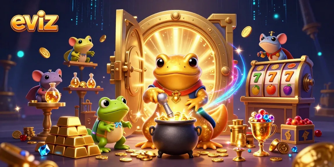 eviz captures a magical casino scene with gold transmuting alchemist surrounded by treasures and slot reels.