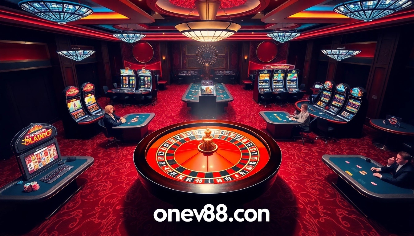 Experience thrilling wins at onew88.com with vibrant casino visuals of roulette and poker tables.