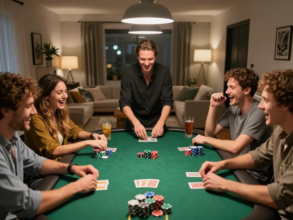 Friends enjoying poker night at home with 98win98, vibrant chips and cards visible.
