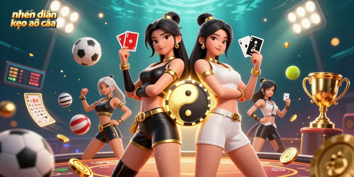 Engage with nhận định kèo nhà cái in this vibrant 3D illustration of twin Asian women in action.