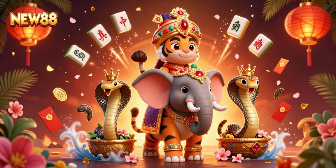 Engage with NEW88's vibrant casino world through a magical 3D illustration showcasing excitement and adventure.