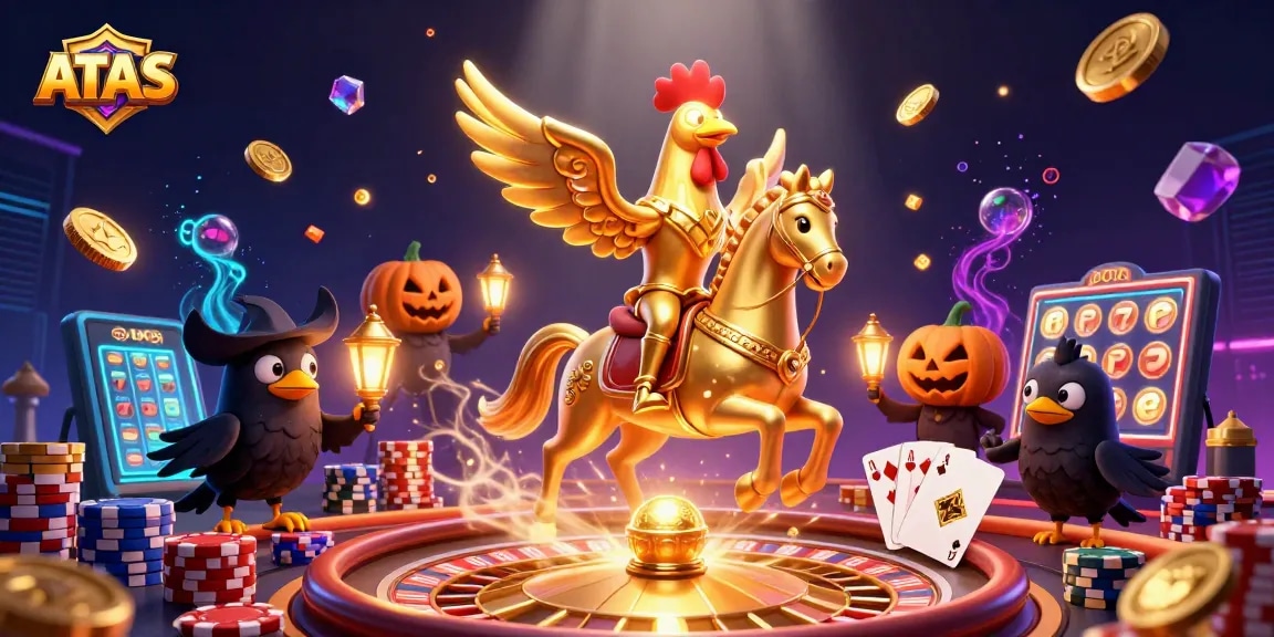 Engage with ATAS Casino's vibrant world, where a golden rooster navigates a midnight casino, enhancing excitement!