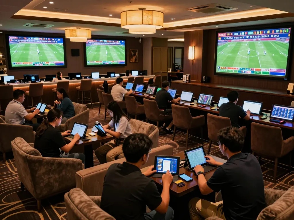 Kèo bóng đá hôm nay displayed on multiple screens in an upscale sports betting lounge with enthusiastic bettors.