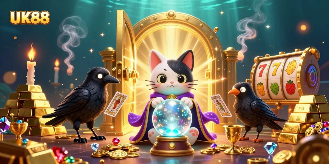 Experience excitement with UK88 in this vibrant 3D casino scene showcasing a fortune teller cat and raven.