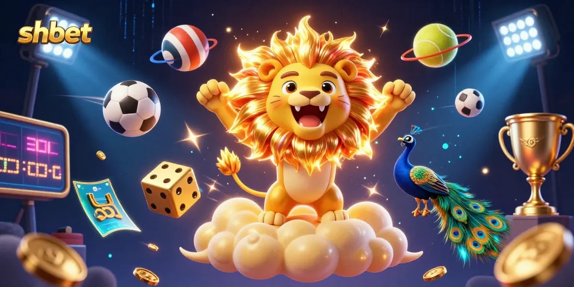 Experience shbet's dynamic gaming world with a roaring sun lion and golden dice.