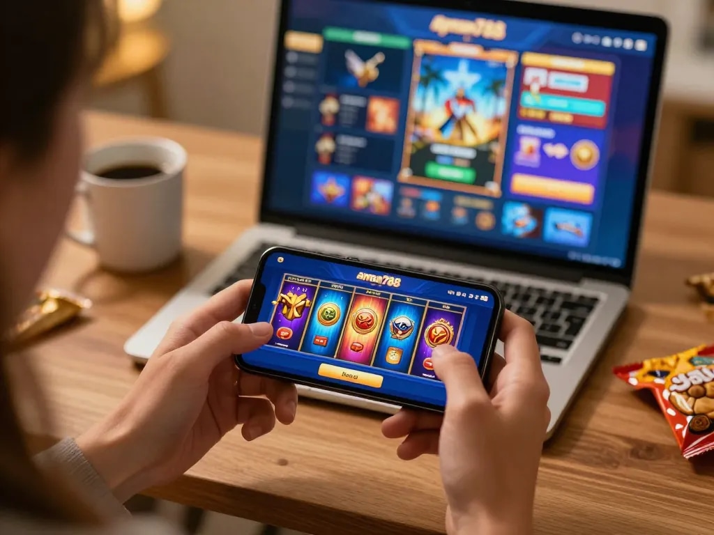 Berinteraksi dengan aplikasi aman788 slot gacor di smartphone, menampilkan kegembiraan dalam permainan online