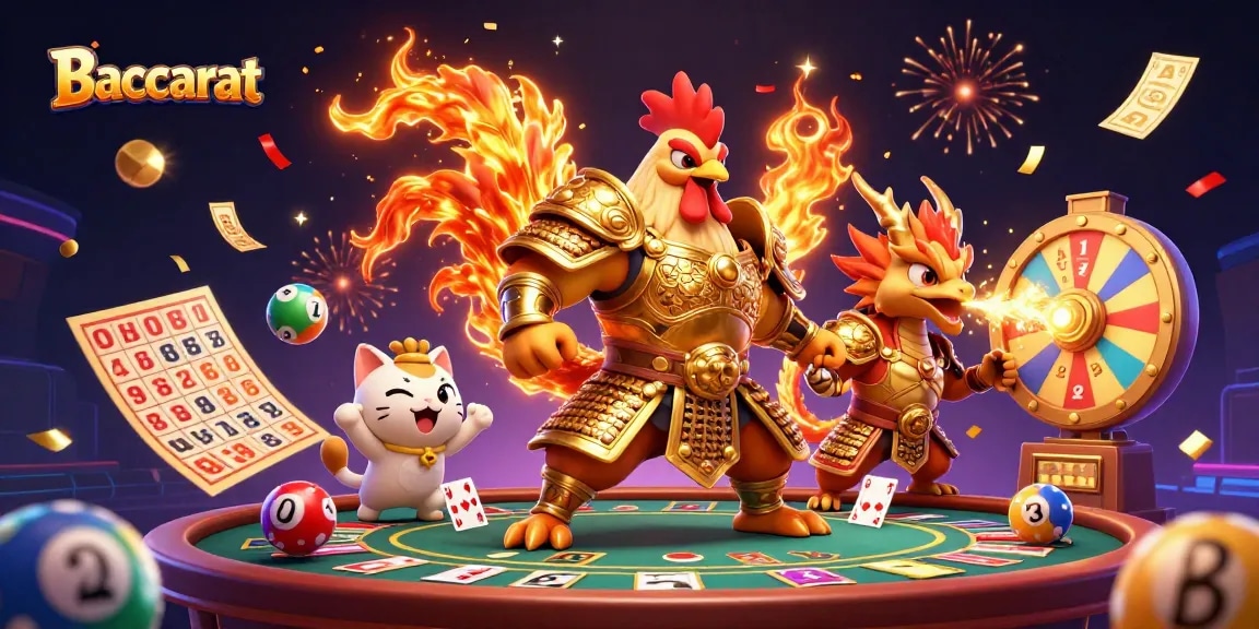 Baccarat table featuring dynamic action with characters celebrating wins at an Asian online casino.