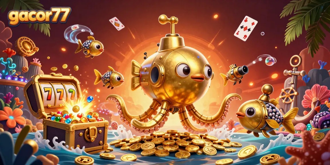 Gacor77 untuk bermain slot online yang mengasyikkan dengan karakter 3D kraken emas di sekeliling koin emas.