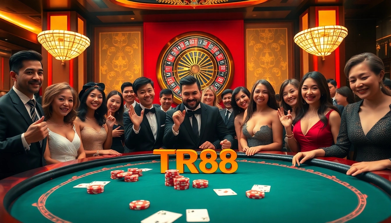 Players engaging in a thrilling card game at the TR88 poker table, showcasing vibrant casino excitement.