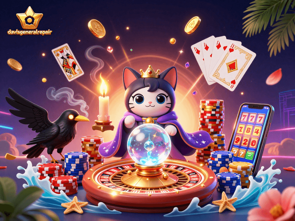 Davisgeneralrepair showcases a vibrant casino scene with a fortune teller cat, glowing raven, and mystical elements creating a vivid gaming atmosphere.