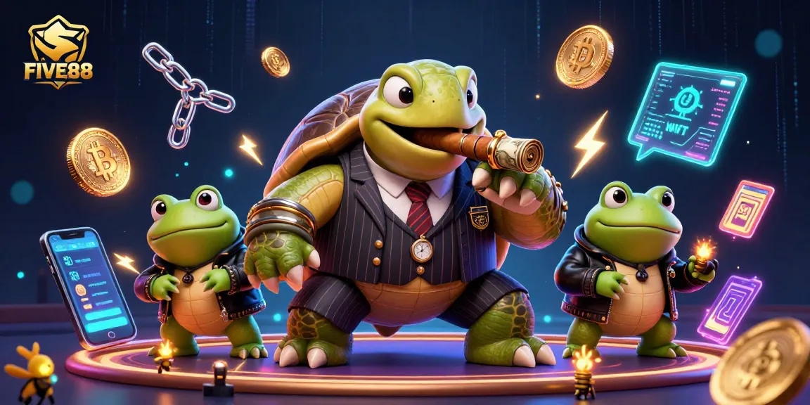 Engage in thrilling games at FIVE88 with a vibrant 3D cartoon illustration of a turtle and frog characters.