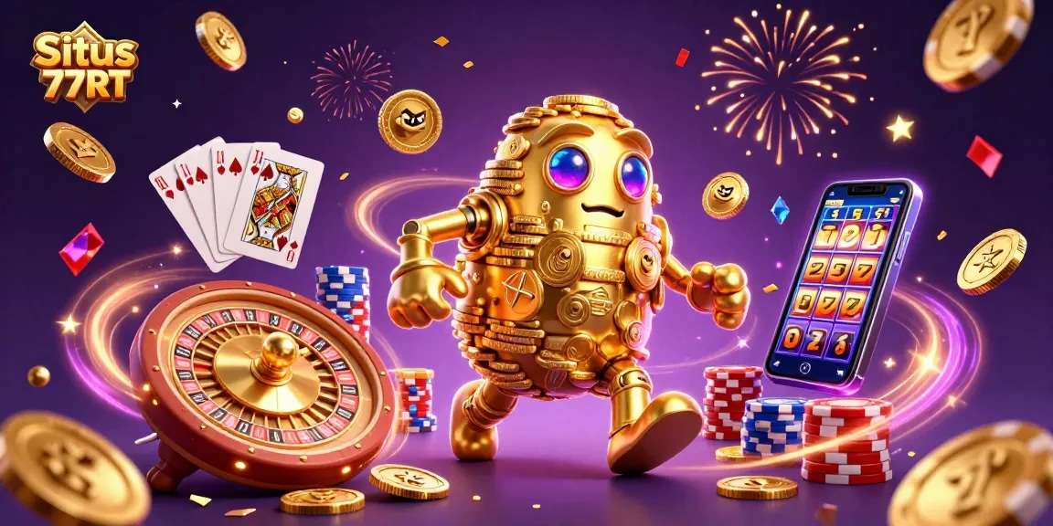 Situs 77RT showcases a golden golem surrounded by dazzling casino elements, inviting players to win big.
