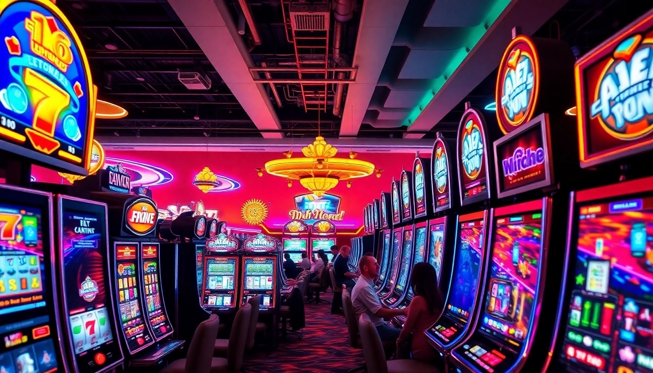 Menampilkan pemain bermain slot gacor di kasino modern dengan suasana ceria dan mesin slot yang beragam.