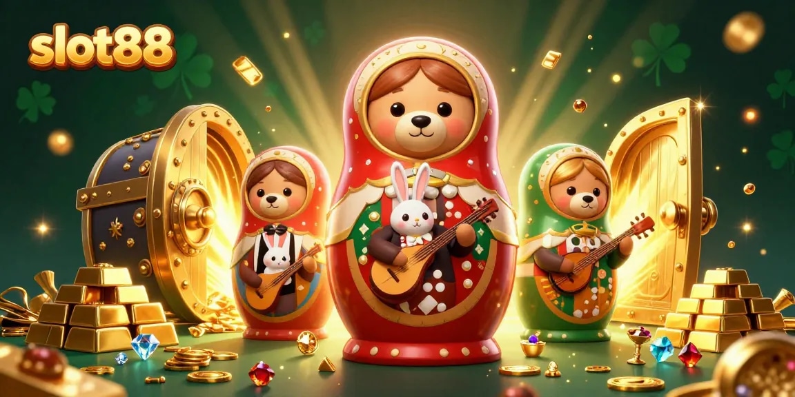 Permainan slot88 yang menampilkan beruang Matryoshka 3D dalam suasana kasino yang glamor dan berkilauan.