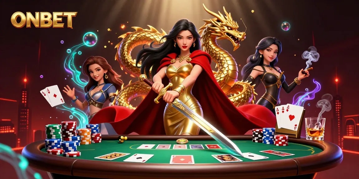 Experience the thrill of ONBET with a warrior queen in a vibrant casino illustration.