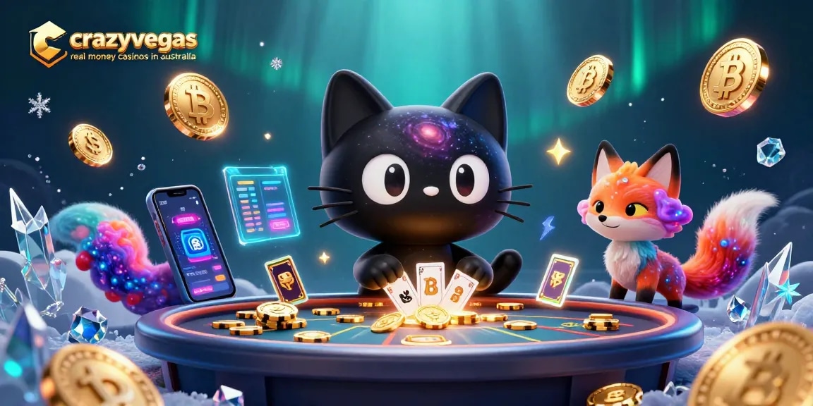 Engage with crazyvegas real money casinos in australia at a cosmic casino with vibrant characters and crypto elements.