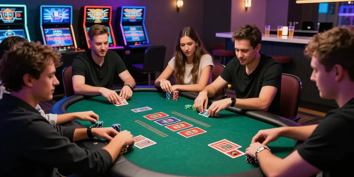 Experience community and excitement at being-there.org.uk with friends enjoying a lively card game in a modern casino setting.