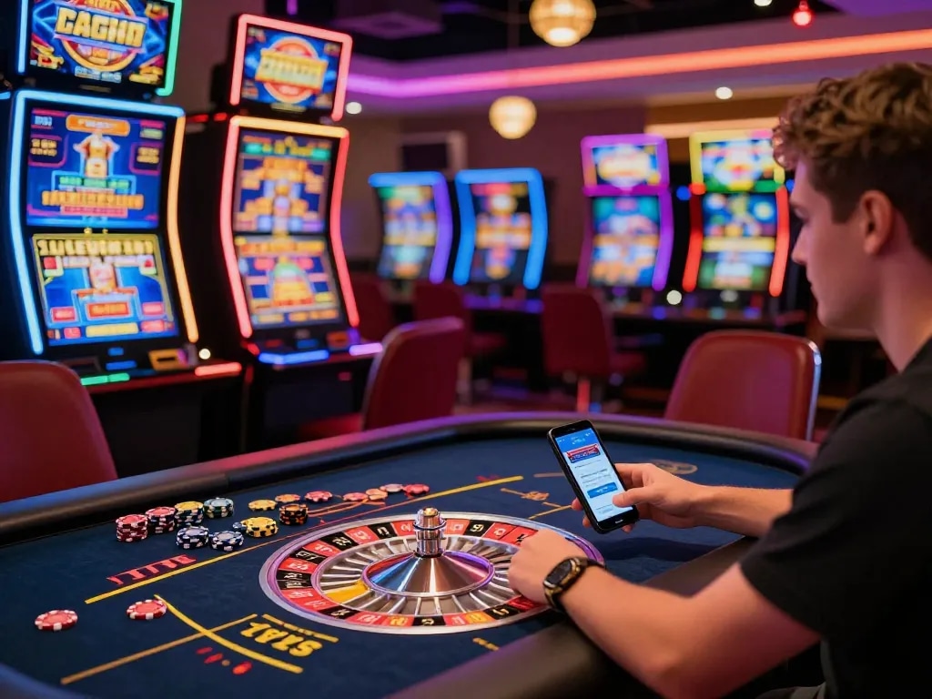 Exciting secret giris into online casino with a player at a live dealer table surrounded by vibrant slot games and dynamic lighting.